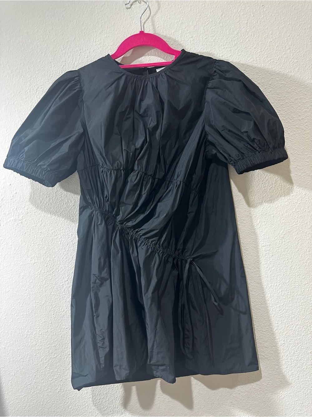 Black Puff-Sleeve Mini Dress with Gathered Waist